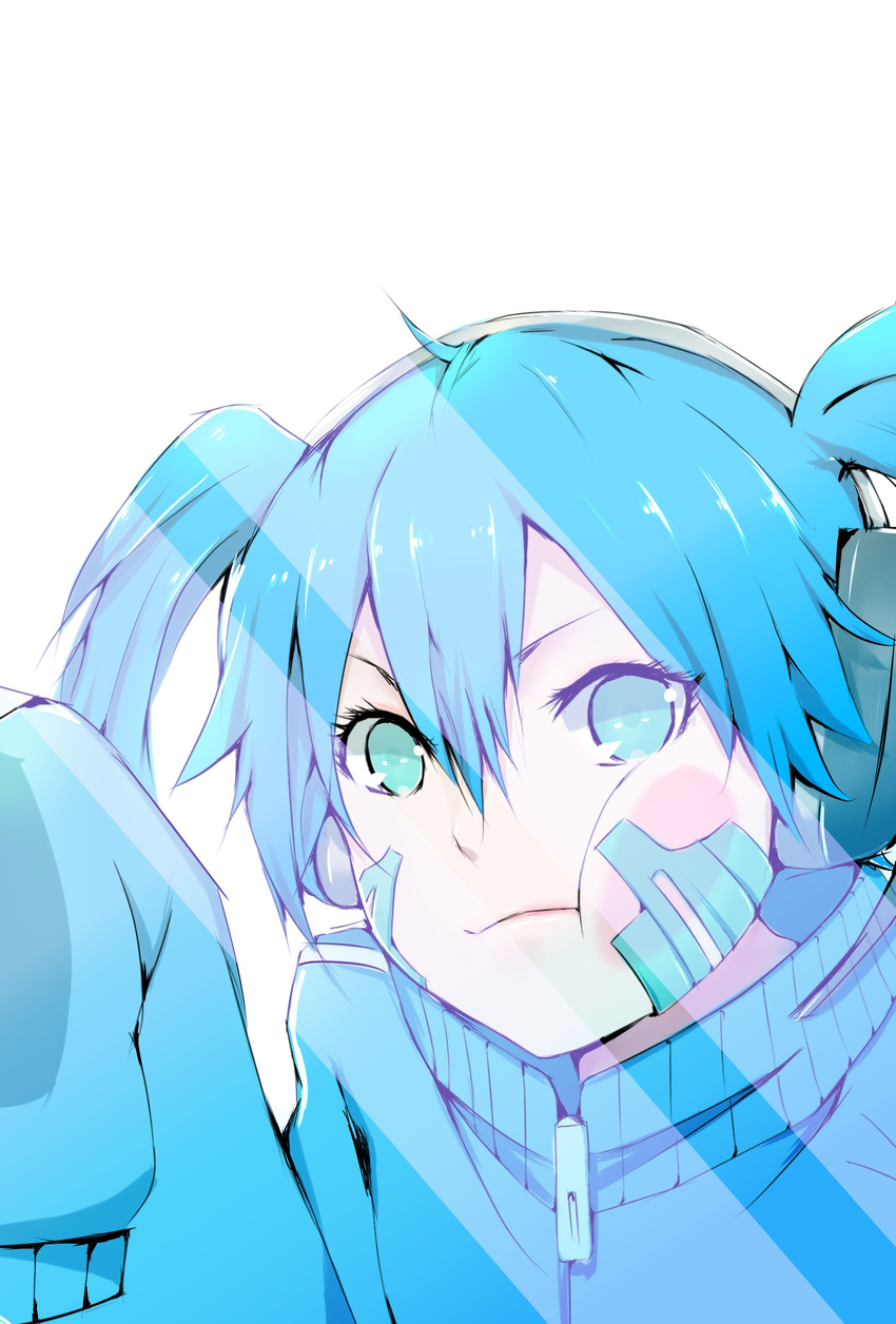 :t absurdres against_fourth_wall against_glass aqua_eyes bad_id bad_pixiv_id blonde_hair blue_eyes cheek_on_glass cheek_press ene_(kagerou_project) exwheel female fourth_wall headphones highres jacket kagerou_project looking_at_viewer short_hair sleeves_past_fingers sleeves_past_wrists solo track_jacket twintails white_background