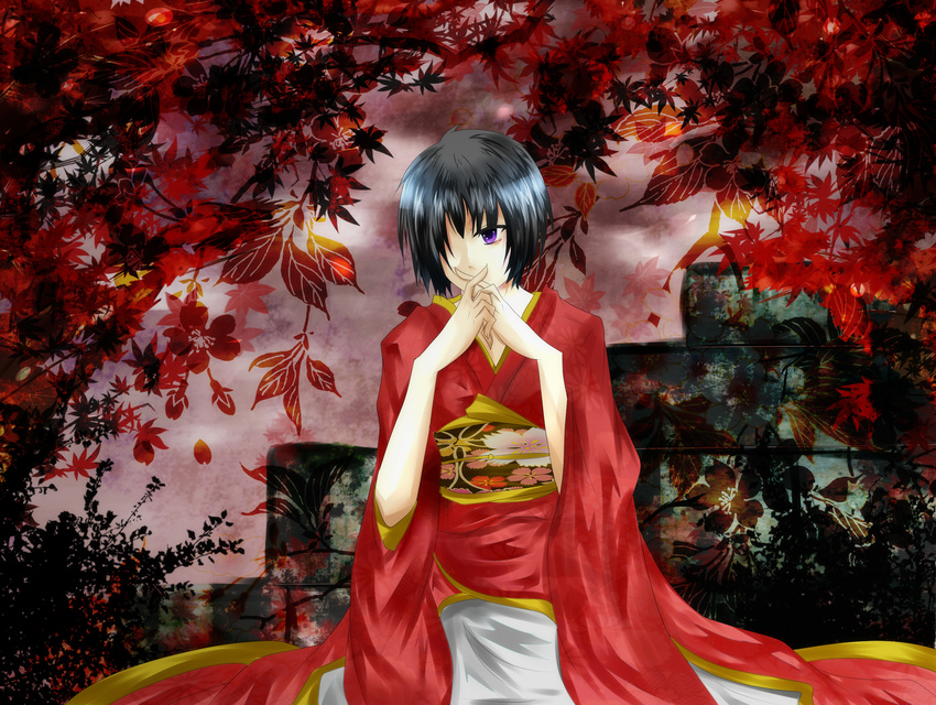 bad_id bad_pixiv_id black_hair fatal_frame fatal_frame_2 female highres japanese_clothes kimono koyama611723 purple_eyes red_kimono short_hair solo tachibana_chitose