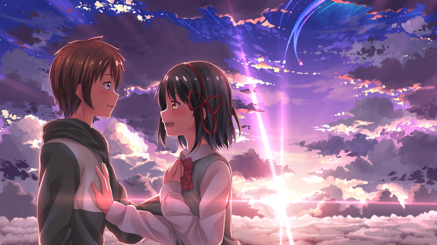 black_hair blue_eyes bow brown_hair clouds kimi_no_na_wa miyamizu_mitsuha orange_eyes ribbons seifuku short_hair sky sunset tachibana_taki tagme_(artist) tears