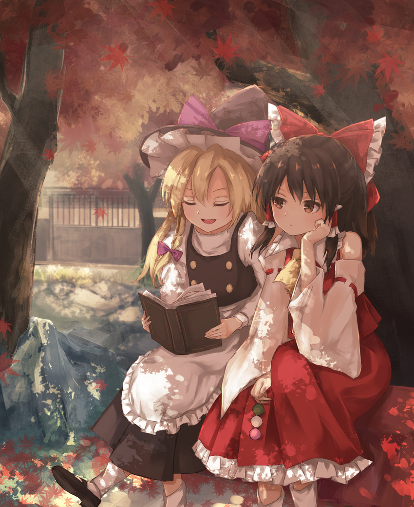 2girls :d apron arm_garter ascot autumn_leaves bad_id bad_pixiv_id bare_shoulders black_dress black_footwear black_hair blonde_hair blush bobby_socks book bow braid brown_eyes closed_eyes closed_mouth commentary_request dango dappled_sunlight detached_sleeves dress food frilled_shirt_collar frilled_skirt frills hair_tubes hairbow hakurei_reimu hat hat_bow head_rest highres holding holding_book holding_food japanese_clothes juliet_sleeves kirisame_marisa leaf long_skirt long_sleeves maple_leaf mary_janes miko multiple_girls open_book open_mouth outdoors puffy_sleeves purple_bow reading red_bow red_skirt shoes side_braid sitting skirt skirt_set smile socks sunlight thkani touhou tree under_tree wagashi waist_apron white_legwear wide_sleeves witch_hat