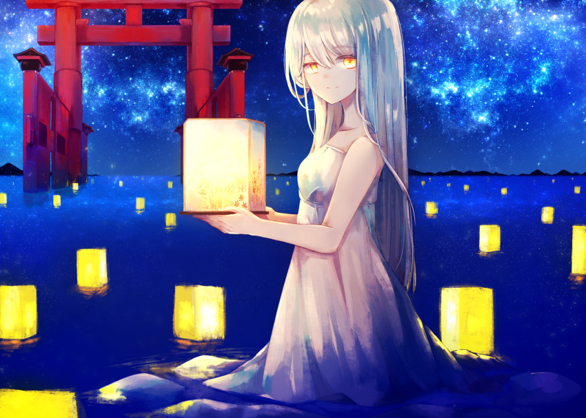 afloat bare_arms bare_shoulders closed_mouth collarbone commentary_request dress female from_side grey_dress grey_hair hair_between_eyes highres holding holding_lantern itsukushima_shrine lantern lantern_on_liquid light long_hair looking_at_viewer looking_to_the_side mountainous_horizon nightgown original paper_lantern ponita ryoubu_torii sky smile solo star_(sky) starry_sky straight_hair strapless strapless_dress torii very_long_hair wading water yellow_eyes