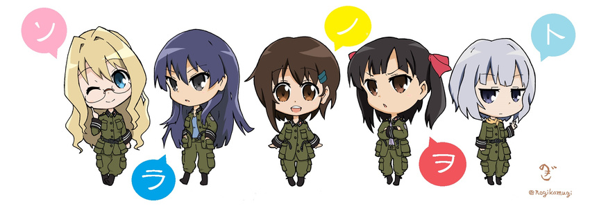 5girls asymmetrical_hair blonde_hair blue_eyes blue_hair brown_eyes brown_hair chibi colored_shadow commentary_request copyright_name everyone filicia_heideman glasses hair_ornament hairclip helvetian_military_uniform highres kazumiya_rio long_hair military military_uniform multiple_girls one_eye_closed photoshop_(medium) shadow short_hair sonobashi_nogi sora_no_woto sorami_kanata suminoya_kureha twintails uniform