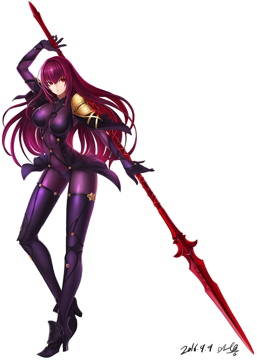 armor bodysuit breasts commentary_request dated fate/grand_order fate_(series) female full_body gae_bolg_(fate) highres large_breasts long_hair mhg_(hellma) pauldrons polearm purple_bodysuit purple_hair red_eyes scathach_(fate) shoulder_armor signature simple_background solo spear weapon