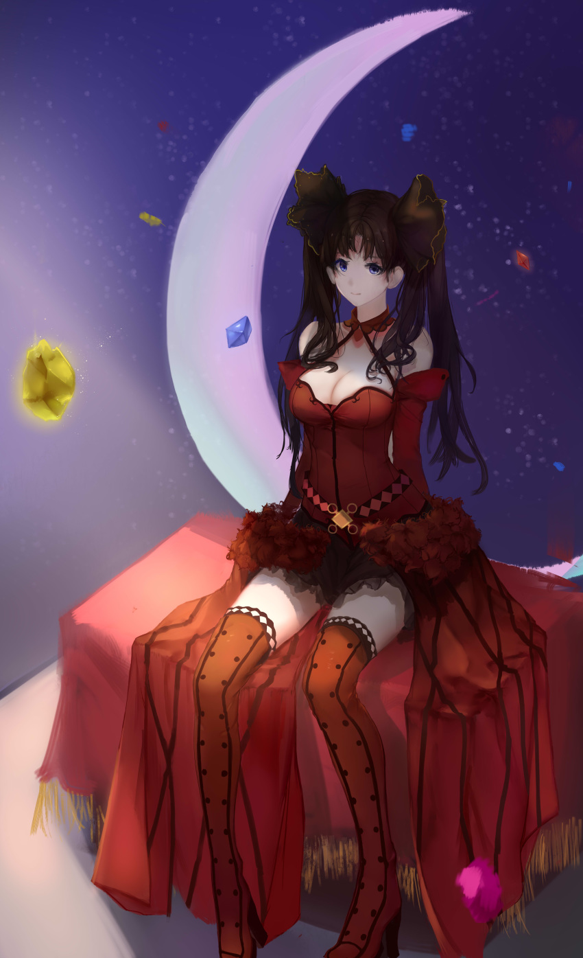 absurdres arm_support black_ribbon blue_eyes bodice breasts brown_hair chinese_commentary cleavage commentary crescent_moon fate/grand_order fate_(series) female gem hair_ribbon high_heels highres hoshino_arika long_hair medium_breasts moon ribbon skirt solo thighhighs thighs tohsaka_rin tohsaka_rin_(formalcraft) twintails