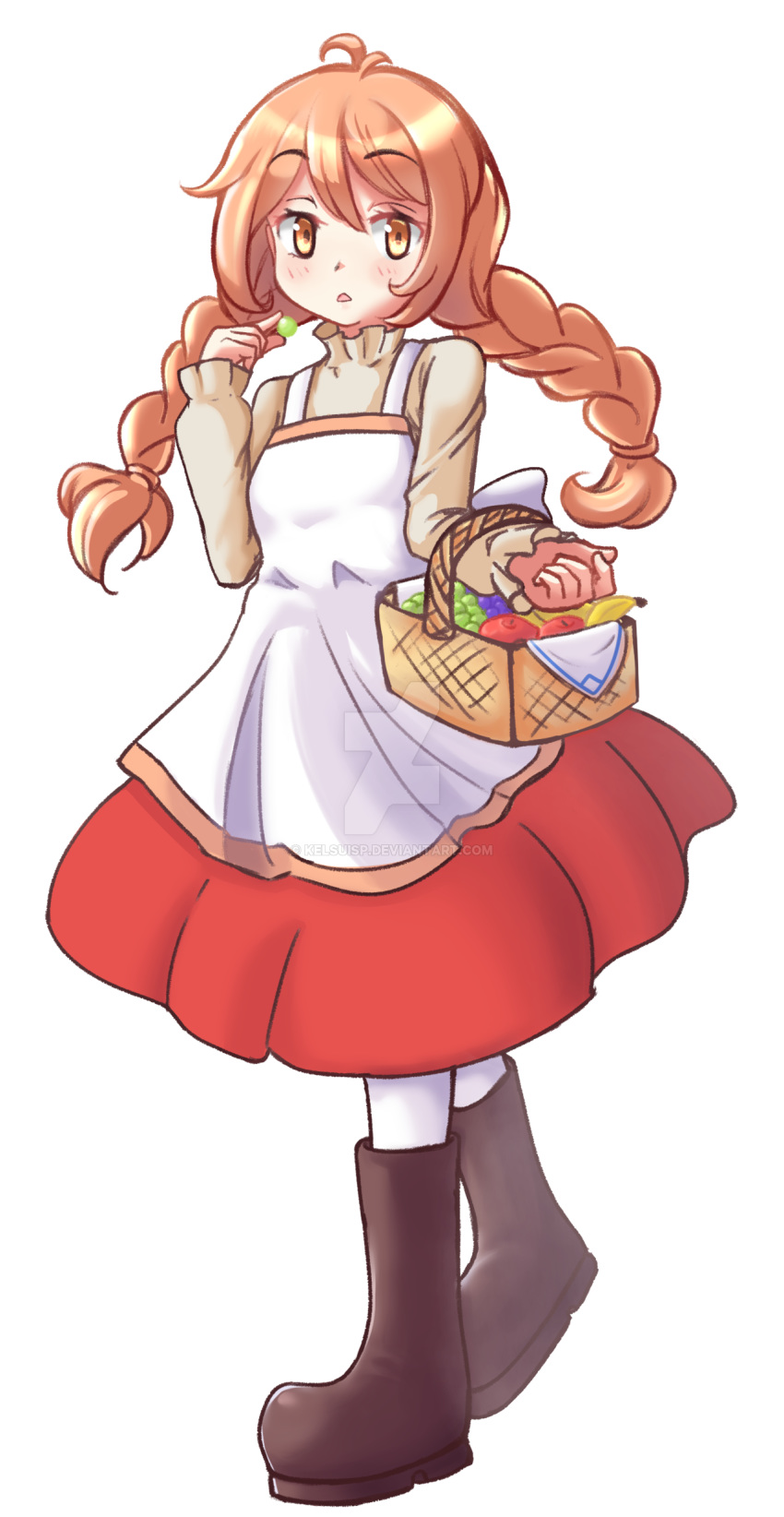 100_percent_orange_juice absurdres apron basket boots braid brown_eyes brown_hair dress female flying_red_barrel food fruit highres kelsuis long_hair long_sleeves marc_(red_barrel) open_mouth pantyhose solo