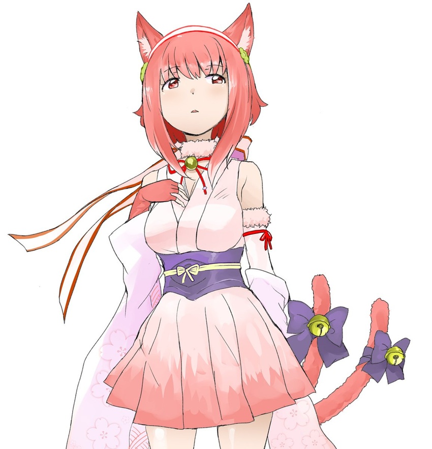 animal_ears bell belt bow cat_ears cat_tail commentary_request female fingerless_gloves fire_emblem fire_emblem_fates fire_emblem_heroes fur_trim gloves hairband halloween halloween_costume highres japanese_clothes ookamiuo parted_lips pink_eyes pink_gloves pink_hair sakura_(fire_emblem) sakura_(halloween)_(fire_emblem) short_hair simple_background solo tail white_background