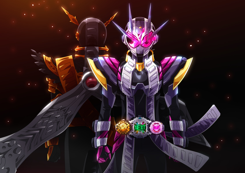 2boys absurdres armor belt bodysuit commentary_request compound_eyes dual_persona helmet highres horns kamen_rider kamen_rider_zi-o kamen_rider_zi-o_(series) kamen_rider_zi-o_ii male_focus mask multiple_boys open_hand otokamu ouma_zi-o pink_eyes rider_belt shiny single_horn standing ziku_driver