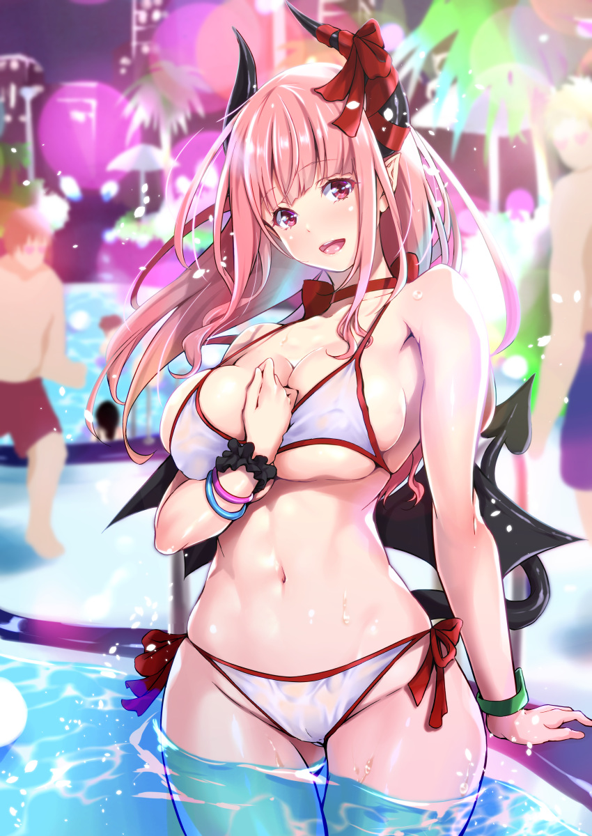 :d absurdres arm_at_side ass_visible_through_thighs bad_id bad_pixiv_id bare_shoulders beach_umbrella bikini blunt_bangs bow bow_choker bracelet breast_press breasts choker cleavage collarbone commentary_request cowboy_shot demon_girl demon_horns eve_valerne female front-tie_top groin hand_on_own_chest highres horn_ornament horn_ribbon horns indie_virtual_youtuber jewelry kimura_neito large_breasts long_hair looking_at_viewer midriff navel open_mouth outdoors palm_tree partially_submerged pink_eyes pink_hair pool poolside red_bow red_choker red_ribbon ribbon scrunchie shiny_skin side-tie_bikini_bottom sidelocks smile solo_focus standing stomach swimsuit teeth thigh_gap tongue tree umbrella underboob upper_teeth_only virtual_youtuber wading water white_bikini wrist_scrunchie