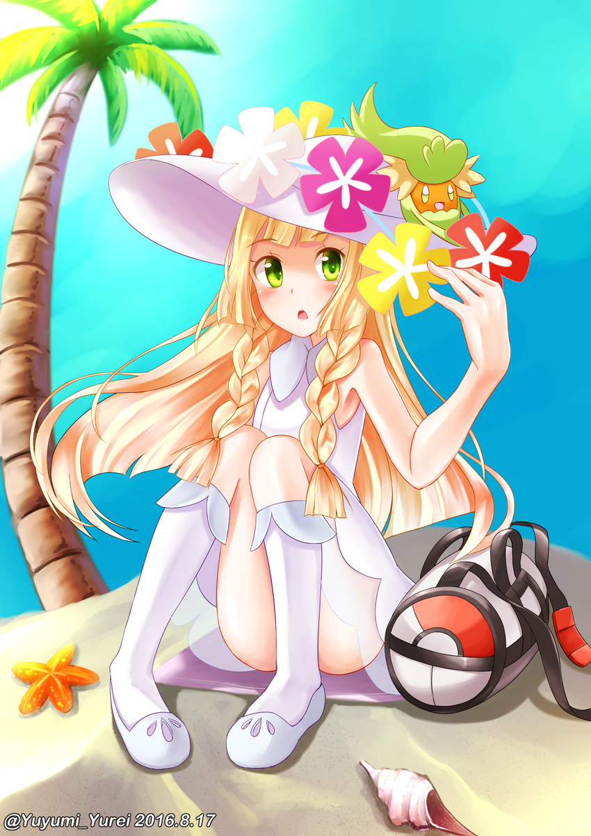 2016 bag beach blonde_hair braid comfey commentary_request conch day dress female flower flower_necklace green_eyes hat highres lei lillie_(pokemon) long_hair ocean outdoors palm_tree pokemon pokemon_(creature) pokemon_sm sand sitting starfish sun_hat sundress tree white_dress yuyumi_(yuurei)