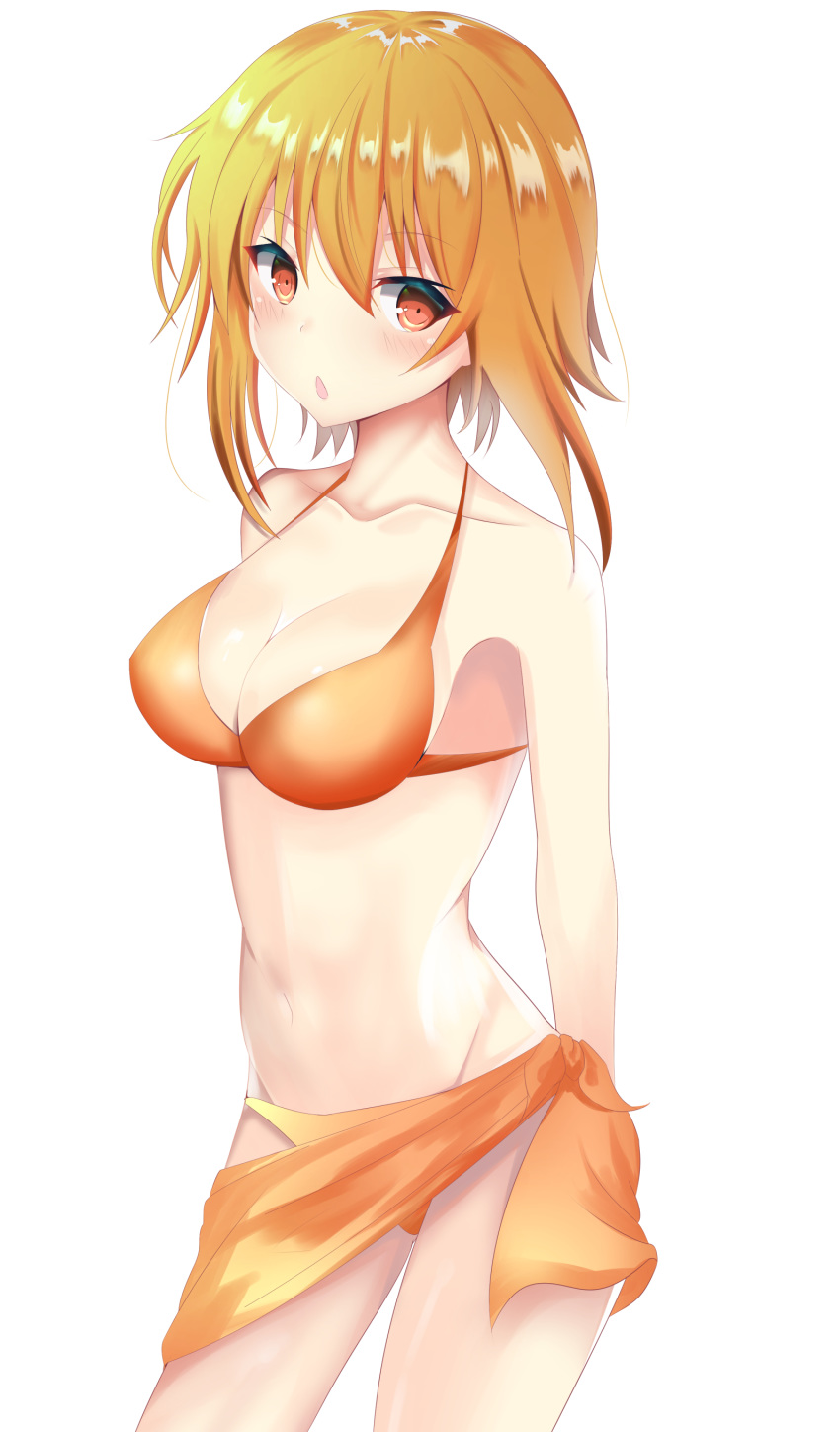 :o absurdres arms_behind_back bikini blonde_hair breasts cleavage collarbone commentary_request cowboy_shot female floating_hair grand_blue groin hair_between_eyes highres kotegawa_chisa long_hair looking_at_viewer medium_breasts mokkon_doru orange_bikini red_eyes sarong simple_background solo standing swimsuit white_background