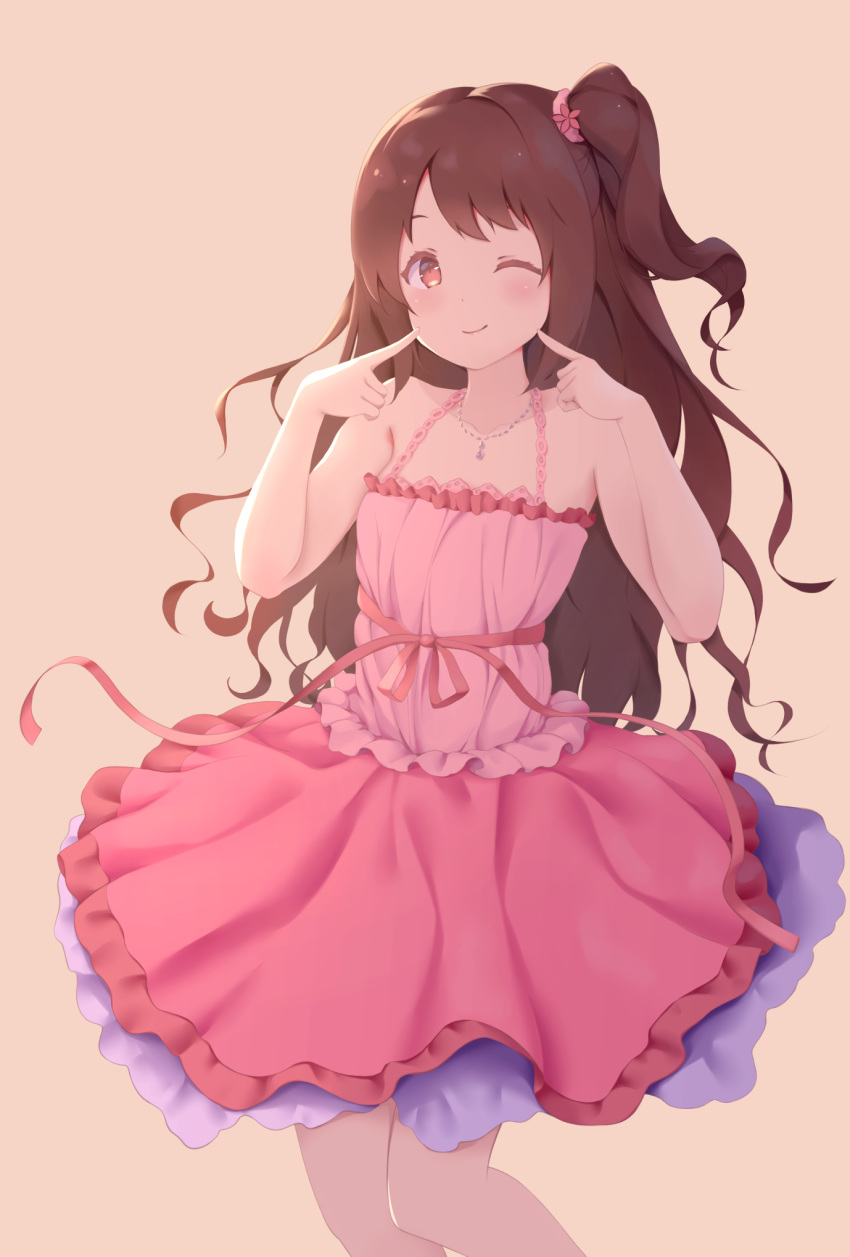 amanonozomi arms_up bare_arms brown_eyes brown_hair cheek_poking closed_mouth collarbone commentary_request dot_nose dress eyelashes female flower frilled_dress frills hair_flower hair_ornament hair_scrunchie highres idolmaster idolmaster_cinderella_girls jewelry lace lace-trimmed_dress lace_trim layered_dress long_hair looking_at_viewer necklace one_eye_closed one_side_up pendant pink_dress pink_flower pink_ribbon poking poking_self ribbon scrunchie shimamura_uzuki sidelocks simple_background smile solo spaghetti_strap swept_bangs tareme wavy_hair yellow_background