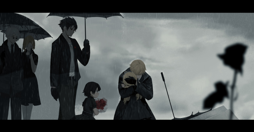 3boys 3girls aged_down black_dress black_gloves black_hair black_jacket black_necktie black_pants black_umbrella blonde_hair blurry blurry_foreground bouquet clenched_teeth cloud cloudy_sky collarbone collared_shirt commentary depth_of_field dishwasher1910 dress father_and_daughter flower funeral glasses gloves glynda_goodwitch hand_up holding holding_bouquet holding_umbrella hug jacket letterboxed lolicon long_hair low_twintails multiple_boys multiple_girls necktie open_clothes open_jacket outdoors overcast pants parted_lips professor_ozpin profile puffy_short_sleeves puffy_sleeves qrow_branwen rain red_flower ruby_rose rwby shirt short_hair short_sleeves siblings silver_hair sisters sky sobbing taiyang_xiao_long teeth twintails umbrella white_shirt yang_xiao_long