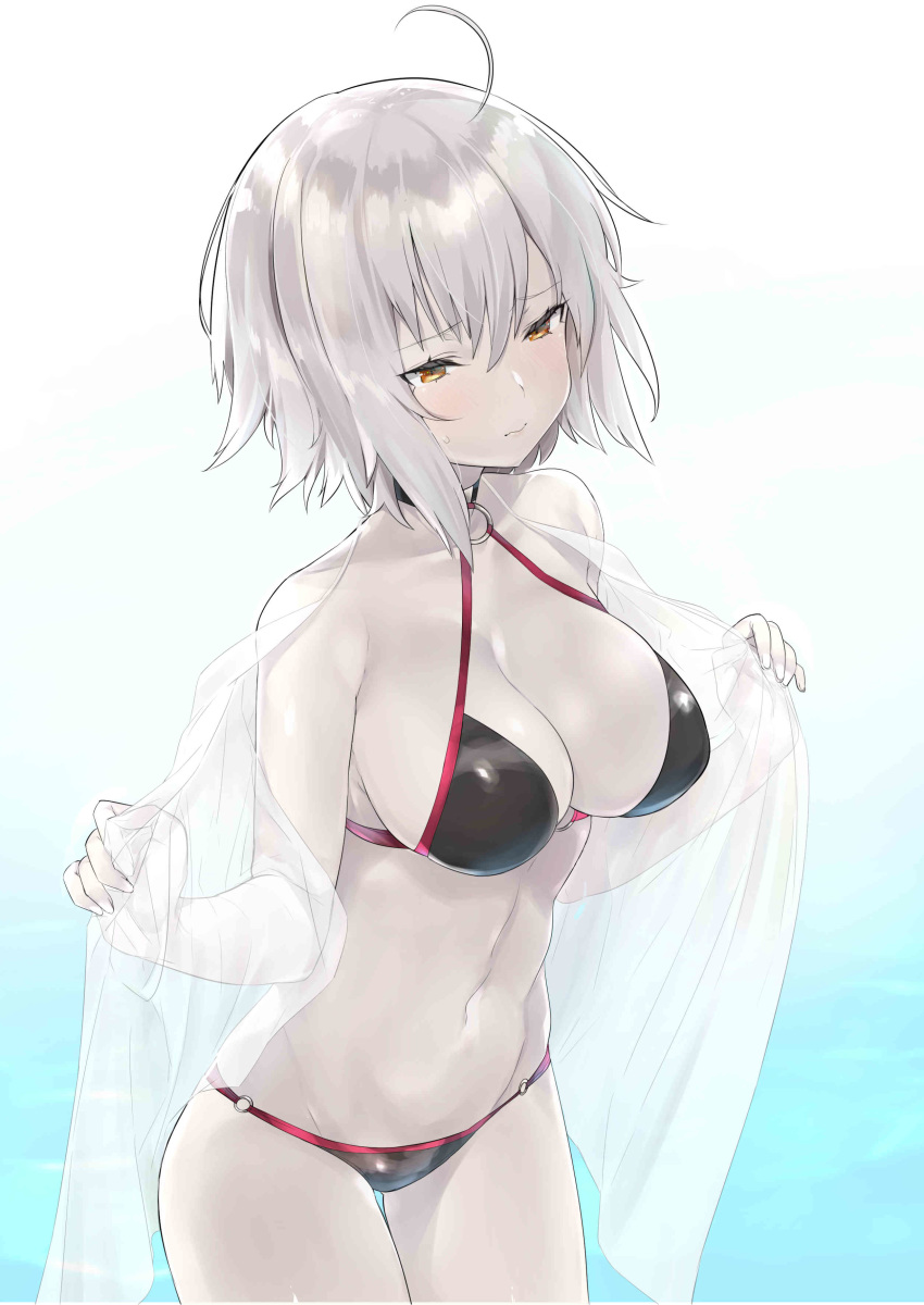 absurdres ahoge bad_id bad_pixiv_id bare_shoulders bikini black_bikini blush breasts cleavage closed_mouth collarbone commentary_request fate/grand_order fate_(series) female hair_between_eyes highres hip_focus jeanne_d'arc_alter_(fate) jeanne_d'arc_alter_(swimsuit_berserker)_(fate) jpeg_artifacts large_breasts mitsudoue navel o-ring pale_skin short_hair solo swimsuit white_hair yellow_eyes