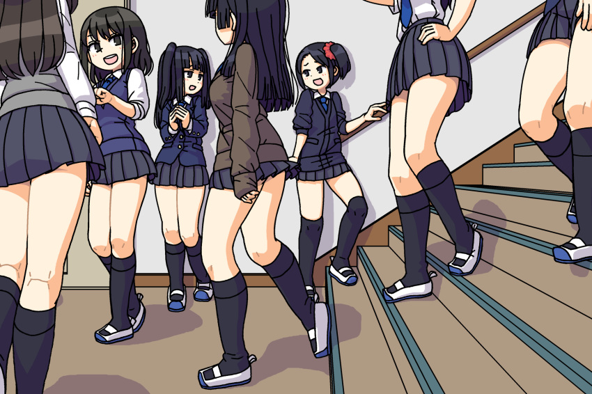 6+girls :d black_eyes black_hair black_legwear black_skirt blue_necktie cardigan collared_shirt commentary_request hair_ornament hair_scrunchie hand_on_own_hip highres hime_cut indoors kneepits long_hair long_sleeves looking_at_another maruput microskirt multiple_girls necktie one_side_up open_mouth original pleated_skirt railing red_scrunchie round_teeth school school_uniform scrunchie shadow shirt shoes short_hair skirt sleeves_past_wrists smile socks stairs stairwell standing straight_hair teeth two_side_up walking white_footwear white_shirt