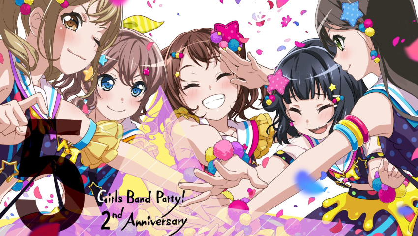 >:) 5girls ;) ^_^ anniversary armlet bang_dream! black_hair blonde_hair blue_eyes blush brown_eyes brown_hair closed_eyes commentary_request confetti copyright_name countdown detached_sleeves earrings frilled_sleeves frills green_eyes grin hair_ornament hair_ribbon hanazono_tae highres huddle ichigaya_arisa jewelry long_hair looking_at_another looking_at_viewer multiple_girls official_art one_eye_closed own_hands_together polka_dot pom_pom_(clothes) pom_pom_earrings poppin'party ribbon salute short_hair skirt sleeveless smile star_(symbol) star_hair_ornament striped striped_ribbon suspenders toyama_kasumi twintails ushigome_rimi v-shaped_eyebrows wrist_cuffs yamabuki_saya yellow_ribbon