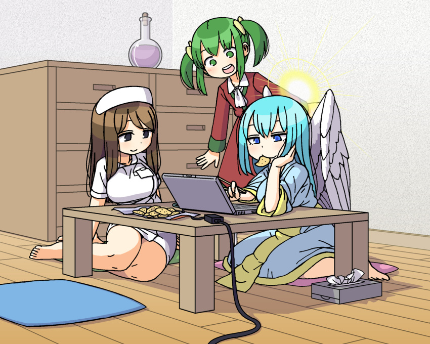 3girls :d angel angel_wings ascot bare_legs barefoot beaker black_eyes blue_dress blue_eyes blue_hair breasts brown_hair chips_(food) closed_mouth commentary_request computer dress elona feathered_wings food food_in_mouth green_eyes green_hair halo hat indoors isca_the_fallen_angel laptop large_breasts long_sleeves maruput multiple_girls nurse_cap open_mouth red_dress sitting smile straight_hair teeth tissue_box twintails white_ascot white_dress white_wings wings yokozuwari younger_sister_(elona)