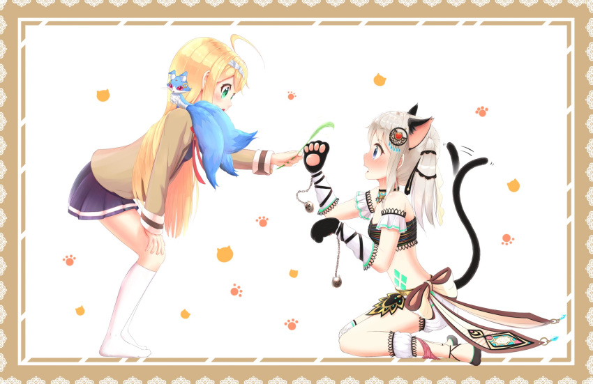 2girls ahoge animal_ears animal_hands bandeau blonde_hair blue_eyes blush cat_teaser chains commentary_request couple framed gem gloves green_eyes hair_ornament hair_ribbon highres hina_logi_-_from_luck_&_logic kinaginagi liones_yelistratova long_hair looking_at_another looking_down looking_up midriff multiple_girls navel nina_alexandrovna no_shoes open_mouth paw_gloves paw_print ribbon short_shorts shorts single_thighhigh sitting socks tail tail_wagging thighhighs twintails wariza white_hair white_legwear white_shorts yuri