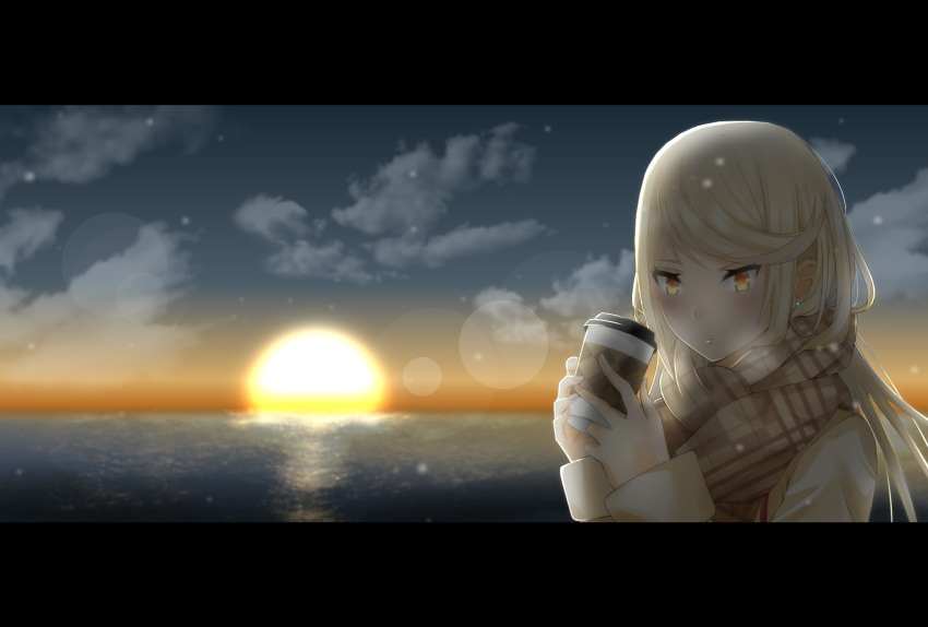 blonde_hair blush closed_mouth cloud cloudy_sky coat commentary_request cup day female highres holding holding_cup hot_chocolate letterboxed long_hair mebi_il mythra_(xenoblade) ocean sky solo sunset swept_bangs very_long_hair xenoblade_chronicles_(series) xenoblade_chronicles_2 yellow_eyes