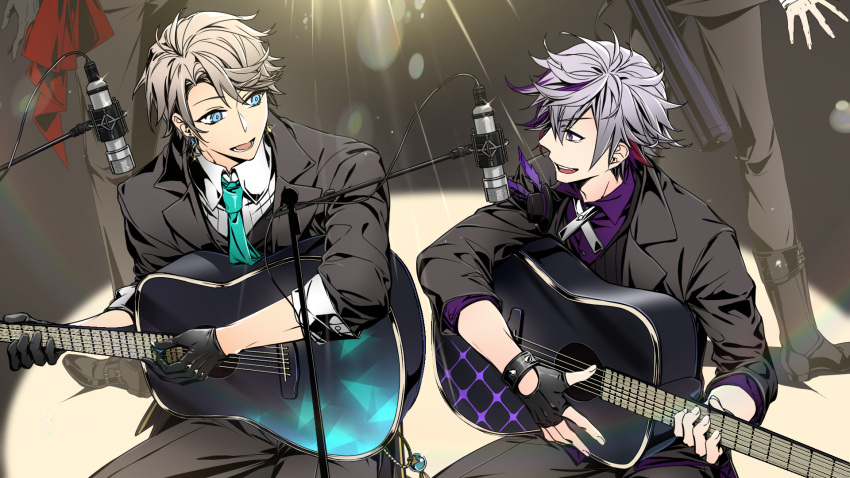 4boys :d black_footwear black_gloves black_jacket black_pants blue_eyes blue_neckwear collared_shirt commentary_request dress_shirt earrings eye_contact fingerless_gloves fuwa_minato gloves grey_hair guitar hair_between_eyes highres holding holding_instrument instrument jacket jewelry jh kaida_haru kaida_haru_(5th_costume) looking_at_another male_focus microphone multiple_boys necktie nijisanji pants purple_eyes purple_hair purple_shirt red_hair shirt shoes sitting smile standing teeth upper_teeth_only virtual_youtuber white_shirt