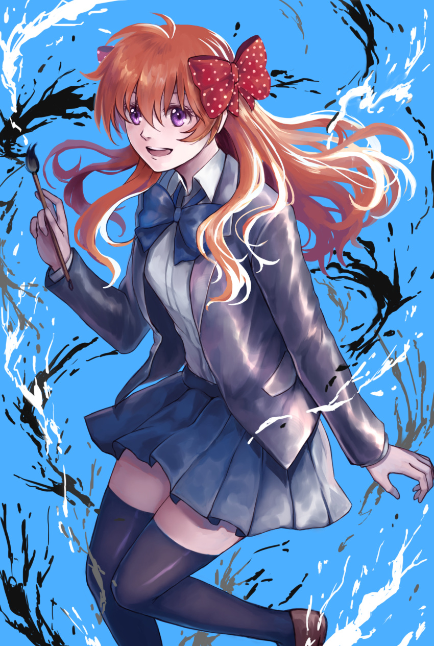 :d black_thighhighs blue_background blue_bow blue_bowtie blue_skirt bow bowtie brown_footwear calligraphy_brush collared_shirt commentary female gekkan_shoujo_nozaki-kun hairbow hand_up highres holding jacket long_hair miniskirt open_clothes open_jacket open_mouth orange_hair paintbrush pleated_skirt polka_dot polka_dot_bow purple_eyes purple_jacket red_bow sakura_chiyo school_uniform shirt shoes skirt smile solo thighhighs white_shirt wing_collar zakirsiz