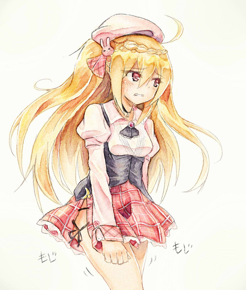 ascot azur_lane black_vest blonde_hair blush braid breasts choker commentary_request cowboy_shot crescent crescent_(azur_lane) crescent_pin female french_braid hat have_to_pee highres jpeg_artifacts juliet_sleeves long_hair long_sleeves looking_to_the_side medium_breasts nervous pink_hat pink_shirt plaid plaid_skirt puffy_long_sleeves puffy_sleeves red_skirt shirt side_slit simple_background skirt solo standing sweat teeth text_focus translated vest watakarashi white_background