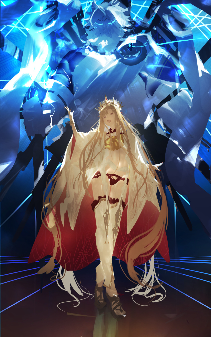 1boy absurdly_long_hair absurdres beard blonde_hair breasts cape commentary_request crown dress europa_(fate) facial_hair fate/grand_order fate_(series) female full_body giant glowing glowing_eyes highres kuronoiparoma legs lightning long_hair long_sleeves off-shoulder_dress off_shoulder open_mouth pale_skin panties purple_eyes red_cape red_panties thighhighs underwear very_long_hair white_dress white_hair white_legwear wide_sleeves zeus_(fate)