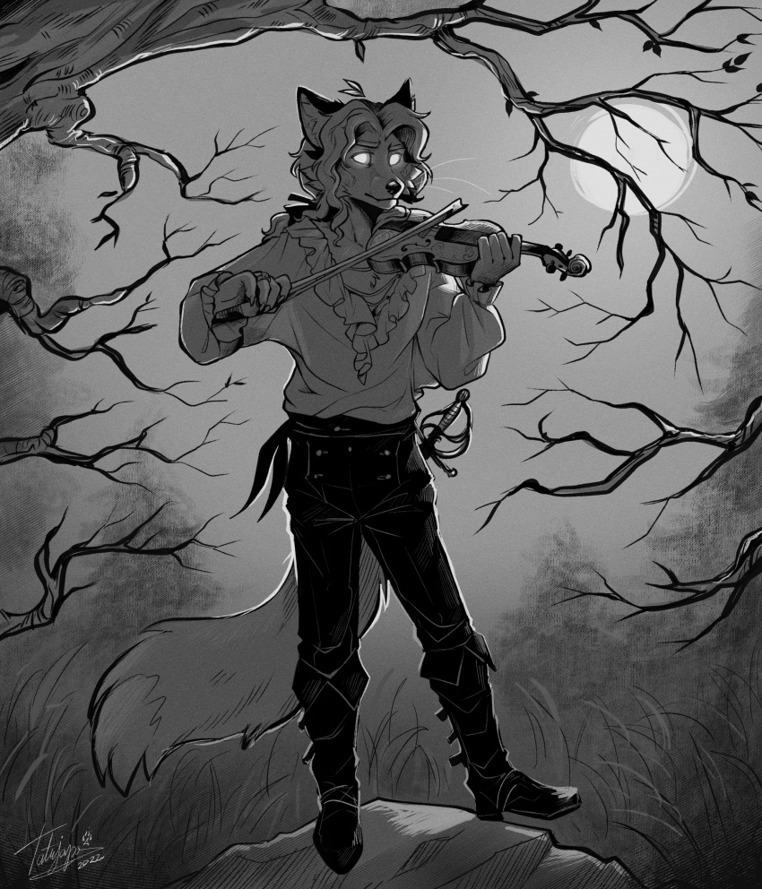 2022 anthro black_bottomwear black_clothing black_pants boots bottomwear bowed_string_instrument canid canine clothing edgar_vladilisitsa footwear fox full-length_portrait full_moon glowing glowing_eyes greyscale halloween hi_res holidays male mammal melee_weapon monochrome moon musical_instrument pants portrait rapier shoes signature solo string_instrument sword tatujapa topwear victorian violin violin_bow weapon