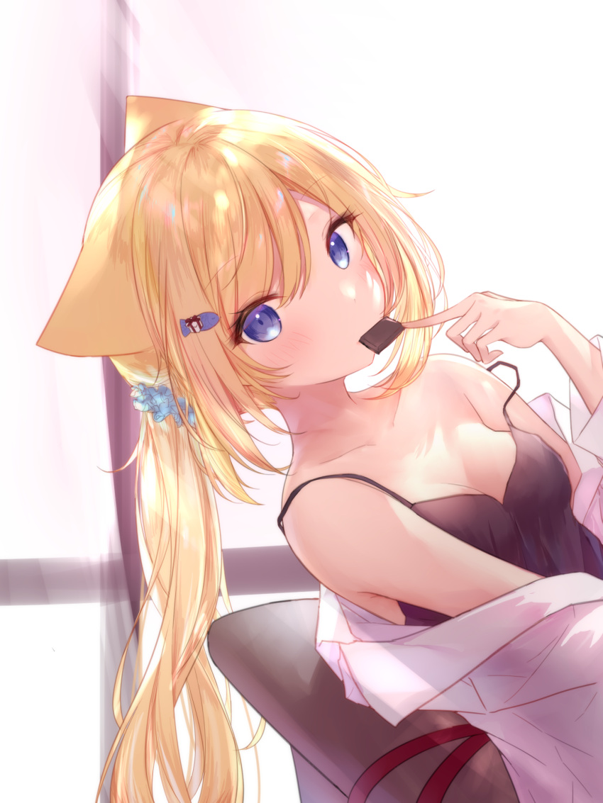 animal_ears bare_shoulders blonde_hair blue_eyes breasts camisole cat_ears cat_girl chocolate cleavage collarbone commentary female guo582 hanazono_serena highres indie_virtual_youtuber long_hair looking_at_viewer medium_breasts mouth_hold off_shoulder open_clothes open_shirt ponytail shirt sleeveless sleeveless_shirt solo spaghetti_strap upper_body valentine virtual_youtuber white_shirt