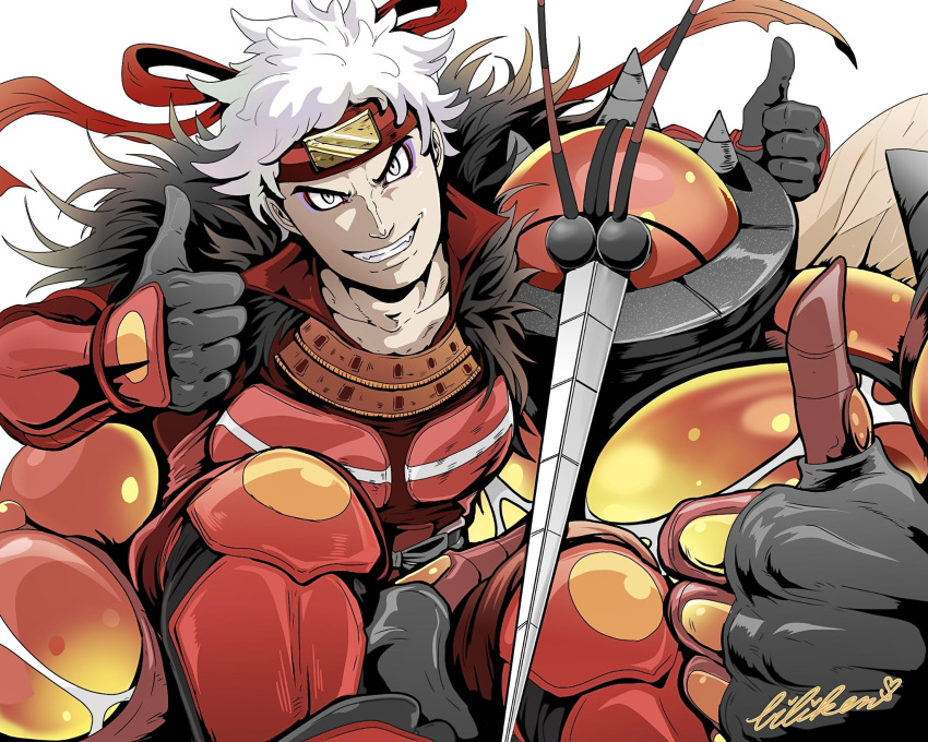 1boy armor biliken black_hair buzzwole commentary_request double_thumbs_up eyeshadow grey_eyes grin guzma_(pokemon) guzma_(special_costume)_(pokemon) headband highres looking_at_viewer makeup male_focus multicolored_hair official_alternate_costume pokemon pokemon_(creature) pokemon_masters_ex red_headband signature smile team_skull teeth thumbs_up two-tone_hair white_background white_hair