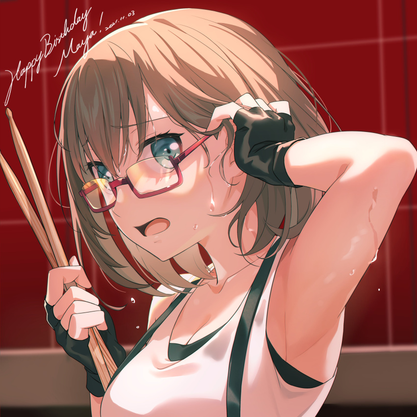 absurdres adjusting_hair aqua_eyes armpits bang_dream! black_gloves blurry blurry_background breasts brown_hair character_name dated dripping drumsticks english_text female fingerless_gloves glasses gloves hand_in_own_hair happy_birthday head_tilt highres holding holding_drumsticks indoors looking_at_viewer medium_breasts medium_hair nobusawa_osamu open_mouth rectangular_eyewear red-framed_eyewear semi-rimless_eyewear shirt sleeveless sleeveless_shirt solo studio suspenders sweat tongue tucking_hair under-rim_eyewear upper_body wet wet_hair white_shirt yamato_maya