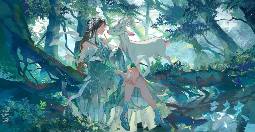 absurdres bare_legs blue_footwear brown_hair bush cinyras_qi_nian closed_eyes deer douluo_dalu female forest from_side full_body glint highres long_hair nature ning_rongrong_(douluo_dalu) parted_lips petting reflection second-party_source sitting tree water