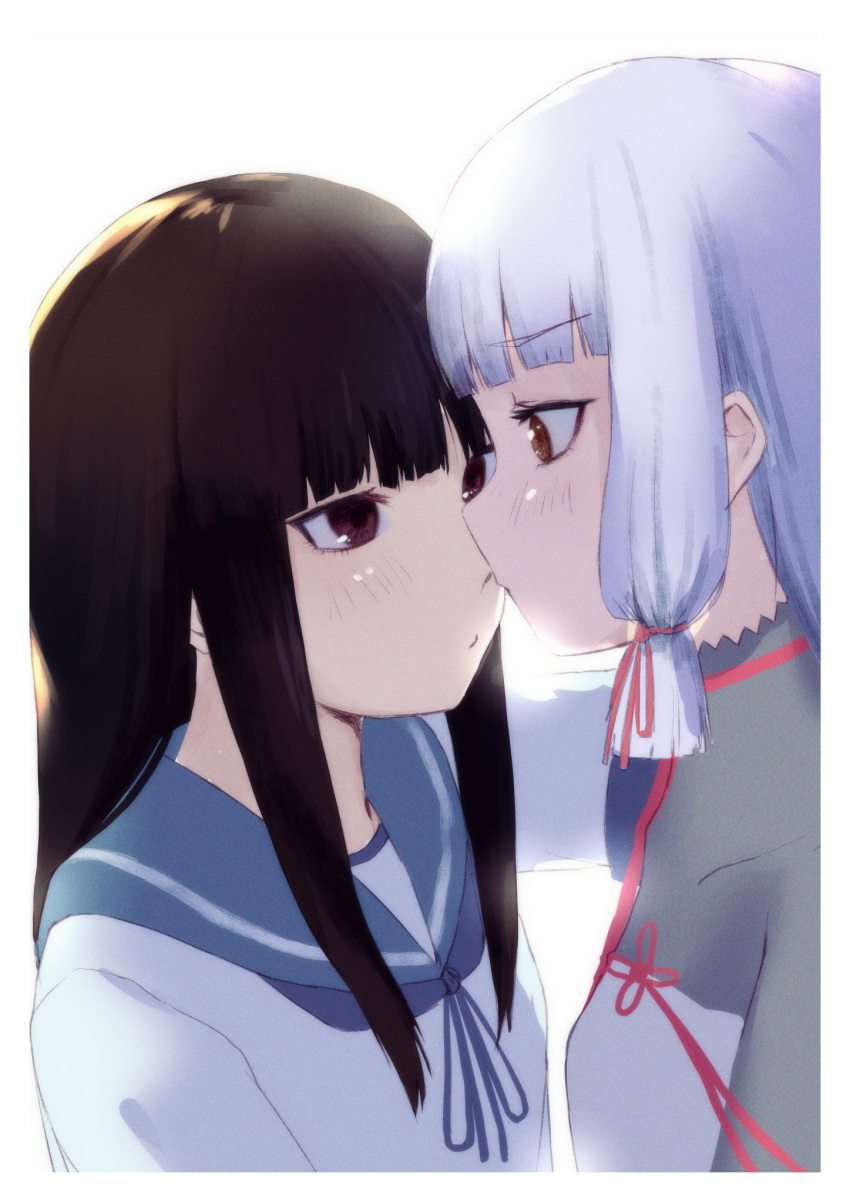 2girls bad_id bad_twitter_id black_hair blue_sailor_collar blunt_bangs blush closed_mouth dress face-to-face from_side grey_hair hair_ribbon hatsuyuki_(kancolle) highres kantai_collection long_hair multiple_girls murakumo_(kancolle) murakumo_kai_ni_(kancolle) ribbon sailor_collar sakieko school_uniform serafuku sidelocks simple_background tress_ribbon white_background