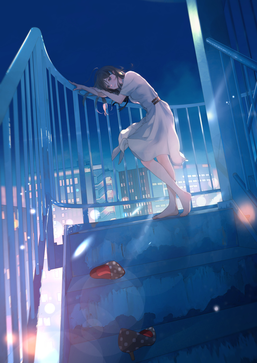 absurdres barefoot black_hair building city dress female hair_ornament hairclip high_heels highres lens_flare long_hair macaronk md5_mismatch night original outdoors railing shoes solo stairs tears unworn_shoes white_dress