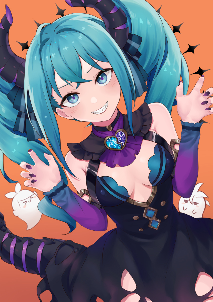 >_< 1boy 2girls absurdres bare_shoulders black_dress blue_eyes blue_hair blush_stickers brooch claw_pose commentary cowboy_shot detached_sleeves dragon_horns dragon_tail dress ghost grin halloween hatsune_miku hatsune_miku_(noodle_stopper) heart heart_brooch highres horns jewelry jitome kagamine_len kagamine_rin long_hair looking_at_viewer mani_m multiple_girls nail_polish orange_background purple_nails purple_sleeves sharp_teeth sleeveless sleeveless_dress smile tail teeth torn_clothes torn_dress twintails v-shaped_eyebrows vocaloid