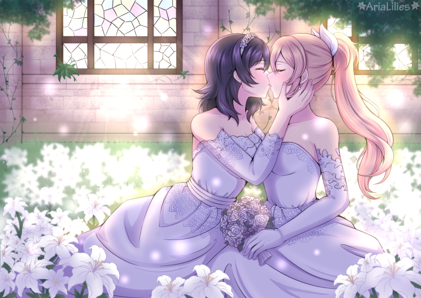 2girls absurdres artist_name bare_shoulders black_hair blonde_hair bouquet breasts closed_eyes collarbone commentary dress elbow_gloves english_commentary flower from_side gloves hand_on_another's_face highres kissing lewdlilies lily_(flower) medium_hair menou_(virgin_road) multiple_girls ponytail shokei_shoujo_no_virgin_road sitting small_breasts strapless strapless_dress sunlight tokitou_akari wedding_dress white_dress white_gloves wife_and_wife window yuri