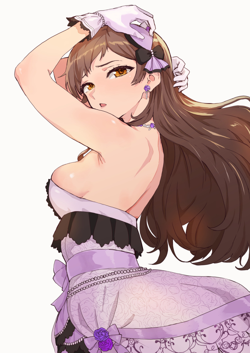 arm_behind_head arms_up bare_shoulders breasts brown_eyes brown_hair commentary_request cowboy_shot dress dress_flower earrings female floating_hair floral_print flower flower_earrings from_side gem gloves grey_background hair_ornament heart heart_hair_ornament highres idolmaster idolmaster_million_live! idolmaster_million_live!_theater_days jewelry kitazawa_shiho layered_dress long_hair looking_at_viewer looking_to_the_side medium_breasts necklace nekoi_mie parted_bangs parted_lips pearl_(gemstone) print_dress purple_dress purple_flower purple_gloves purple_rose rose rose_print simple_background solo standing strapless strapless_dress wavy_hair