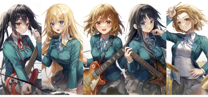 5girls :d :o absurdres adjusting_hair aibek akiyama_mio band bass_guitar black_eyes black_hair black_pantyhose blazer blonde_hair blue_bow blue_bowtie blue_eyes blue_jacket blue_ribbon blush bow bowtie breasts brown_eyes brown_hair buttoned_cuffs buttons chromatic_aberration closed_mouth collared_shirt cowboy_shot dot_nose drum drum_set drumsticks electric_guitar fender_jazz_bass fender_mustang floating_hair gibson_les_paul gradient_background green_jacket grey_skirt grin guitar hair_between_eyes hair_ornament hairband hairclip hand_on_own_hip highres hime_cut hirasawa_yui holding holding_drumsticks holding_instrument instrument jacket k-on! keyboard_(instrument) korg_triton kotobuki_tsumugi large_breasts leaning_forward light_smile long_hair long_sleeves looking_at_viewer medium_breasts medium_hair miniskirt multiple_girls music nakano_azusa neck_ribbon neckerchief open_clothes open_jacket open_mouth pantyhose piano pleated_skirt plectrum red_neckerchief ribbon sakuragaoka_high_school_uniform school_uniform serafuku shirt short_hair simple_background skirt small_breasts smile tainaka_ritsu teeth tongue twintails untucked_shirt upper_body white_background white_shirt winter_uniform yellow_eyes yellow_hairband