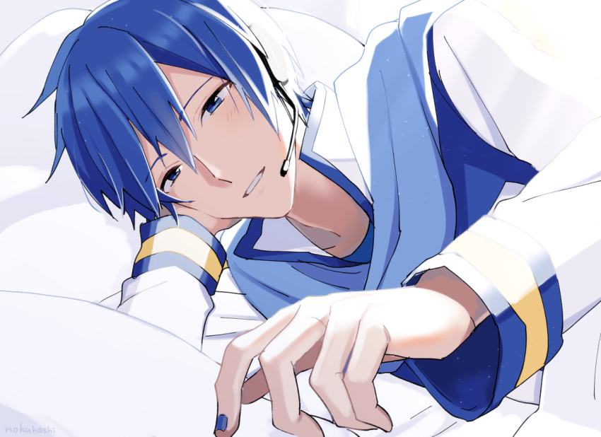 1boy arm_support bed blue_eyes blue_hair blue_nails blue_scarf coat commentary half-closed_eyes head_rest headset kaito_(vocaloid) looking_at_viewer lying male_focus nail_polish nokuhashi on_bed on_side pov_across_bed scarf solo upper_body vocaloid white_coat