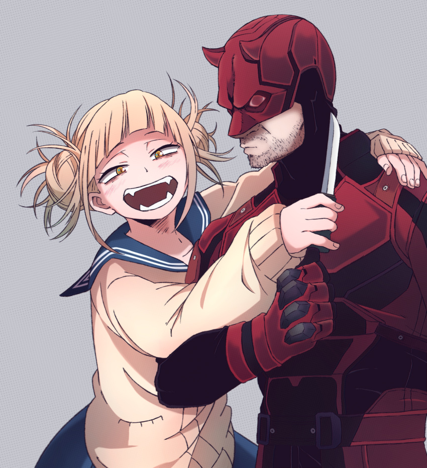 1boy :d beard blonde_hair blue_sailor_collar blue_skirt blunt_bangs bodysuit boku_no_hero_academia commentary crossover daredevil daredevil_(netflix) double_bun english_commentary eye_mask facial_hair fangs female gloves grey_background hair_bun highres holding holding_knife horns knife kukie-nyan long_sleeves marvel marvel_cinematic_universe matt_murdock red_gloves sailor_collar school_uniform serafuku skirt slit_pupils smile stubble superhero_costume sweater toga_himiko yellow_eyes yellow_sweater