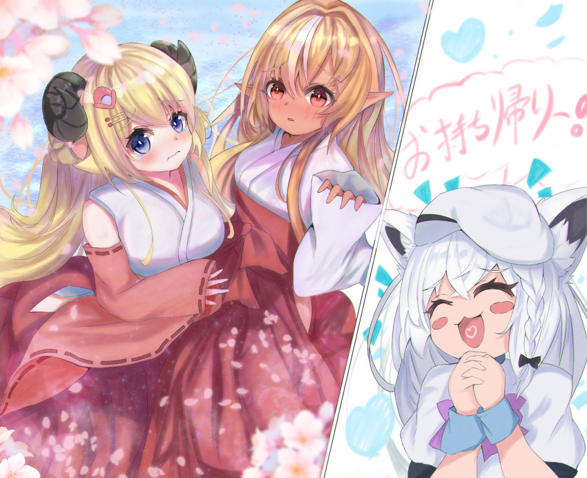 3girls absurdres animal_ears bakatare_(hololive) beret blonde_hair blue_eyes blush bow bowtie braid breasts cherry_blossoms closed_eyes commentary_request cosplay dress fox_ears fox_girl hair_between_eyes hair_ornament hairclip hat highres higurashi_no_naku_koro_ni hololive horns japanese_clothes long_hair medium_breasts miko multiple_girls open_mouth own_hands_together pointy_ears purple_bow purple_bowtie red_eyes ryuuguu_rena ryuuguu_rena_(cosplay) sheep_ears sheep_girl sheep_horns shirakami_fubuki shiranui_flare sidelocks single_braid small_breasts soma443 translation_request tsunomaki_watame virtual_youtuber wavy_mouth white_dress white_hair white_headwear