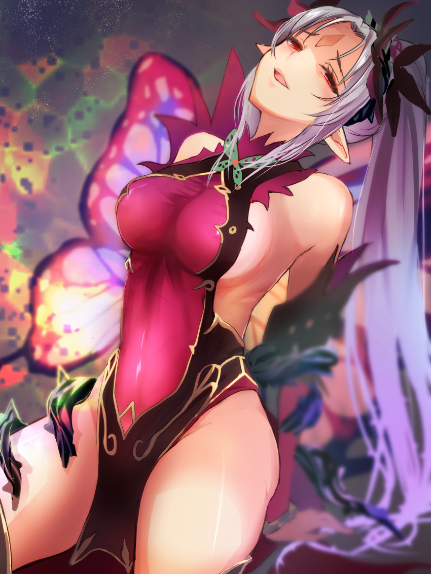 absurdres bare_shoulders breasts corruption dress facial_mark fairy_wings female fire_emblem fire_emblem_heroes forehead_mark grey_hair highres large_breasts long_hair oka_(umanihiki) open_mouth plumeria_(fire_emblem) pointy_ears ponytail red_eyes sideboob skindentation solo thorns wings