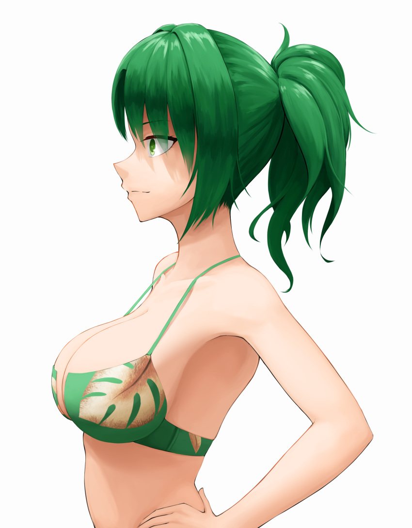 absurdres bare_arms bare_shoulders bikini breasts cleavage closed_mouth collarbone commentary dolphin_wave female floral_print from_side green_bikini green_eyes green_hair hair_intakes halterneck hand_on_own_hip harunami_anri highres kodeyu large_breasts light_smile looking_away medium_hair ponytail print_bikini profile simple_background solo strap_gap swimsuit upper_body white_background