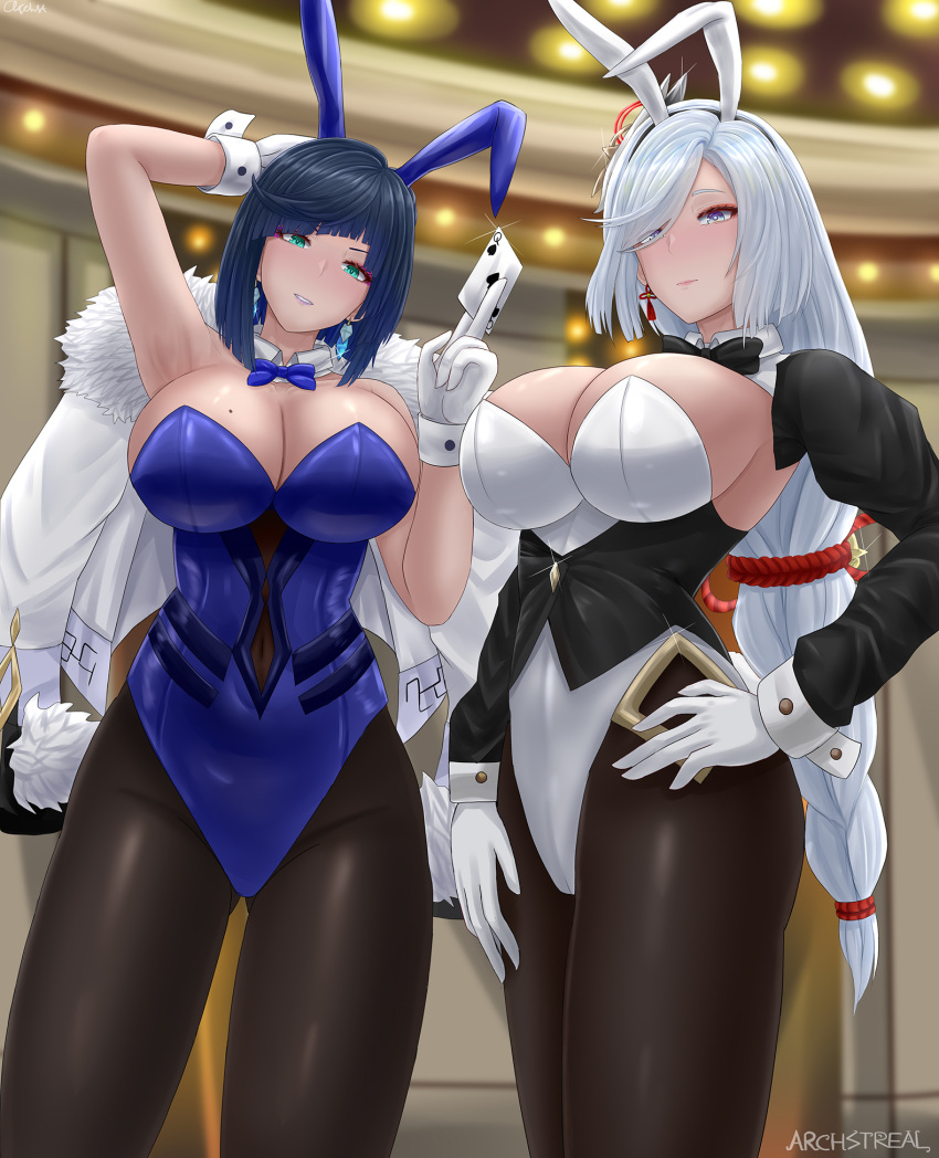 2girls animal_ears archstreal black_hair black_pantyhose blue_eyes blue_hair blue_leotard blush bob_cut breasts brown_legwear cleavage closed_mouth cowboy_shot diagonal_bangs fake_animal_ears genshin_impact gloves green_eyes hair_over_one_eye highleg highleg_leotard highres large_breasts leotard long_hair looking_at_viewer mole mole_on_breast multicolored_hair multiple_girls pantyhose parted_lips playboy_bunny rabbit_ears shenhe_(genshin_impact) short_hair smile swept_bangs thighs two-tone_hair very_long_hair white_gloves white_hair white_leotard wrist_cuffs yelan_(genshin_impact)