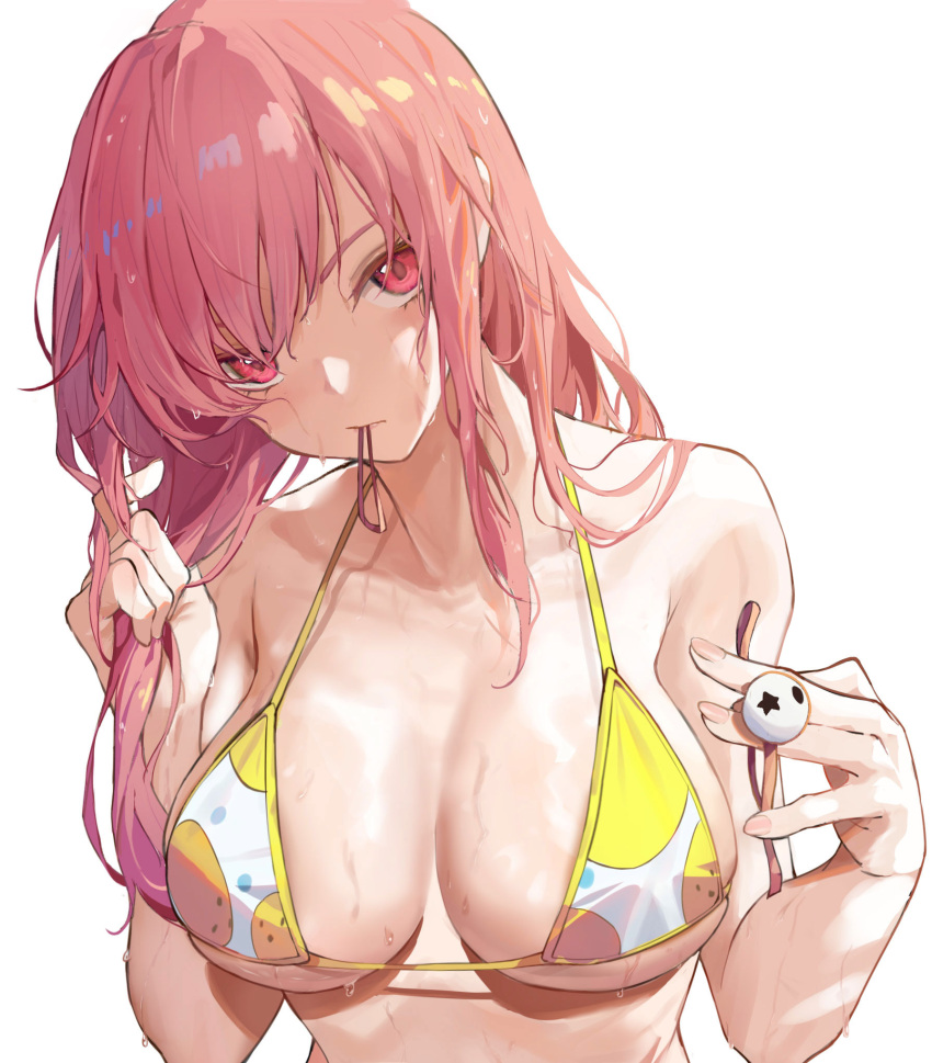 alternate_hairstyle azur_lane bare_arms bare_shoulders bikini blush breasts chinese_commentary cleavage collarbone commentary_request dead_or_alive female hair_down hair_tie hair_tie_in_mouth highres holding honoka_(doa) honoka_(summer_angel_on_the_shore)_(doa) large_breasts long_hair looking_at_viewer luobo_(nsnr8754) mouth_hold pink_eyes pink_hair revision rock simple_background solo star_(symbol) swimsuit two-tone_bikini tying_hair upper_body wet wet_hair white_background