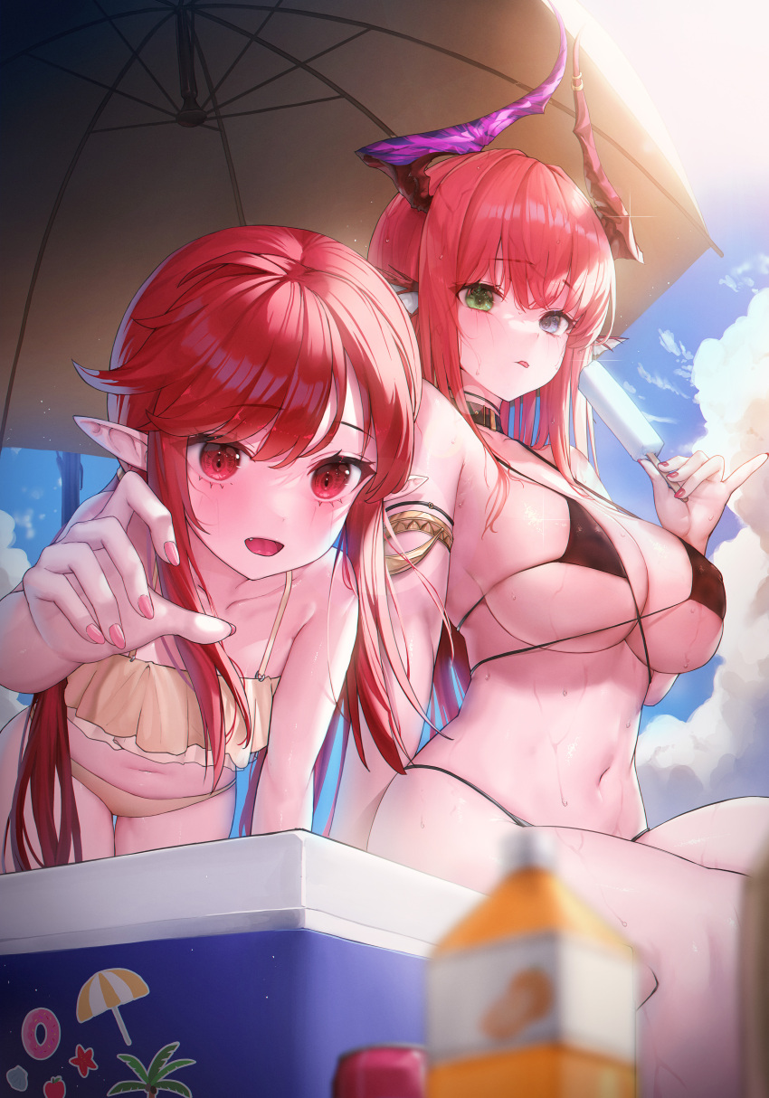 2girls :p absurdres armlet bare_shoulders beach_umbrella bent_over bikini black_bikini black_choker blue_eyes blurry blurry_foreground breasts chaos_(dungeon_and_fighter) choker cleavage cloud dungeon_and_fighter fins food green_eyes head_fins heterochromia highres holding holding_food horns knight_(dungeon_and_fighter) korean_commentary large_breasts long_hair looking_at_viewer mage_(dungeon_and_fighter) multiple_girls nail_polish navel oerba_yun_fang open_mouth outdoors pink_nails pointy_ears popsicle red_eyes red_hair red_nails sitting stomach string_bikini swimsuit tongue tongue_out umbrella very_long_hair wet yellow_bikini yjs0803123