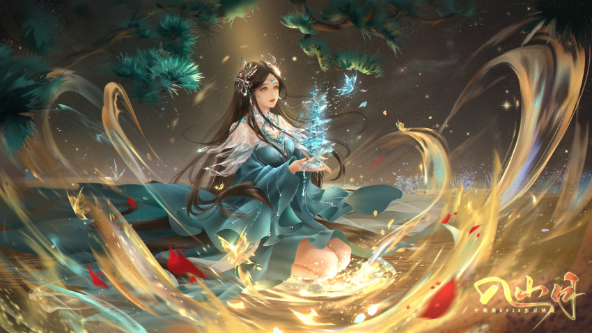 absurdres blue_dress blue_eyes brown_hair bug butterfly cupping_hands douluo_dalu dress energy falling_petals female floating floating_object glowing hair_ornament highres kneeling_on_liquid long_hair long_sleeves night ning_rongrong_(douluo_dalu) own_hands_together petals ripples second-party_source sha_shan solo star_(sky) water