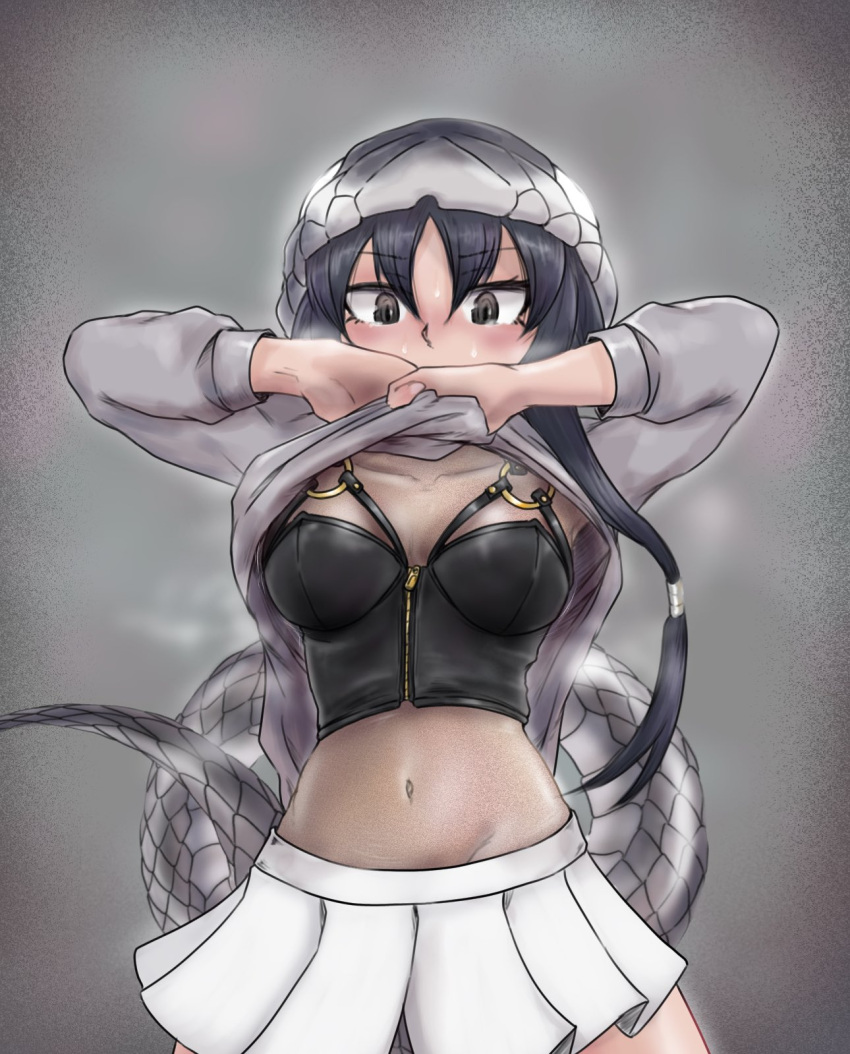 arms_up black_eyes black_hair black_mamba_(kemono_friends) breasts clothes_lift collarbone female highres hood hood_up hoodie hoodie_lift kemono_friends lifting_own_clothes long_hair long_sleeves medium_breasts navel open_mouth pleated_skirt saja_(166j357) see-through side_ponytail skirt snake_tail solo stomach sweat tail tearing_up very_long_hair white_skirt