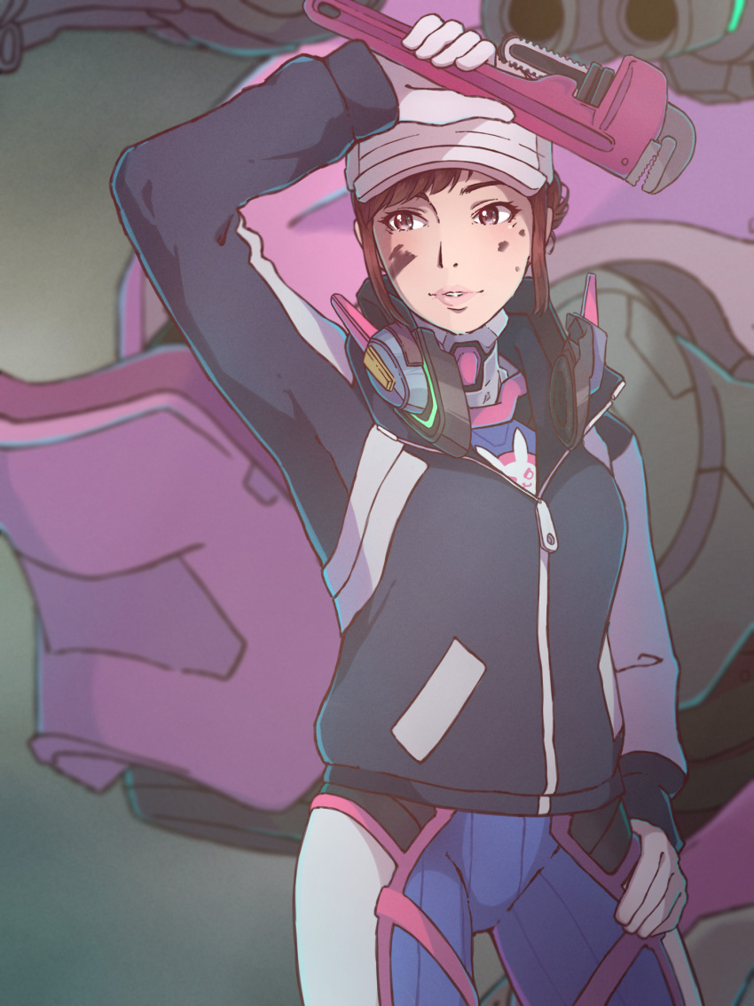 alternate_hairstyle baseball_cap blue_bodysuit bodysuit brown_eyes brown_hair d.va_(overwatch) dirty dirty_face female gloves hand_on_own_hip hat headphones headphones_around_neck highres jacket kukie-nyan mecha overwatch overwatch_1 parted_lips ribbed_bodysuit robot shooting_star_d.va skin_tight solo wrench