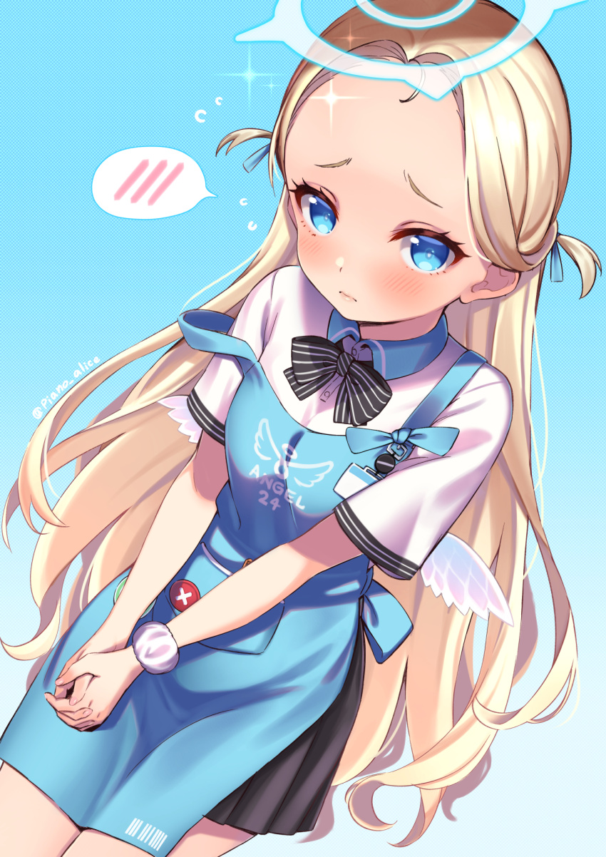 angel's_24_uniform_(blue_archive) apron black_bow black_skirt blonde_hair blue_apron blue_archive blue_eyes blush bow dutch_angle embarrassed female flying_sweatdrops forehead half_updo halo highres id_card long_hair looking_at_viewer mini_wings miniskirt own_hands_together piano-alice pleated_skirt shirt short_eyebrows short_sleeves skirt solo sora_(blue_archive) sparkle spoken_blush strap_slip v_arms very_long_hair white_shirt wings