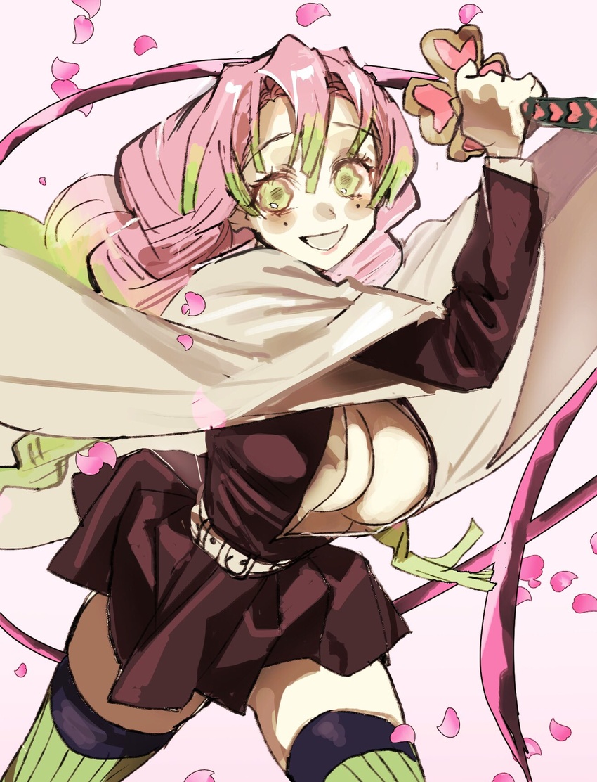 belt blush braid breasts cleavage demon_slayer_uniform falling_petals female green_eyes green_hair hair_between_eyes highres holding holding_weapon kanroji_mitsuri kimetsu_no_yaiba large_breasts long_hair mole mole_under_eye multicolored_hair multiple_braids open_mouth petals pink_background pink_hair smile solo talesofmea thighhighs two-tone_hair upper_body weapon wide_sleeves